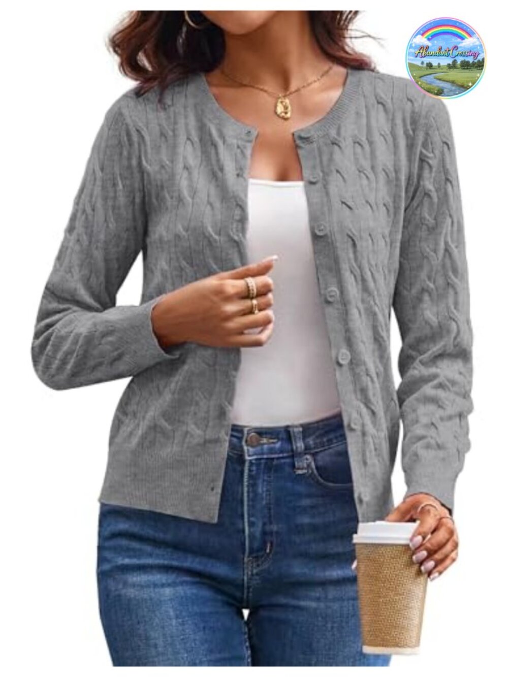 Cable Knit Cardigan Sweater Cropped Button Up Crew Neck Women